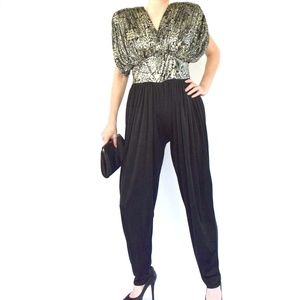 Vintage 80s Retro Glam Jumpsuit Silver & Black